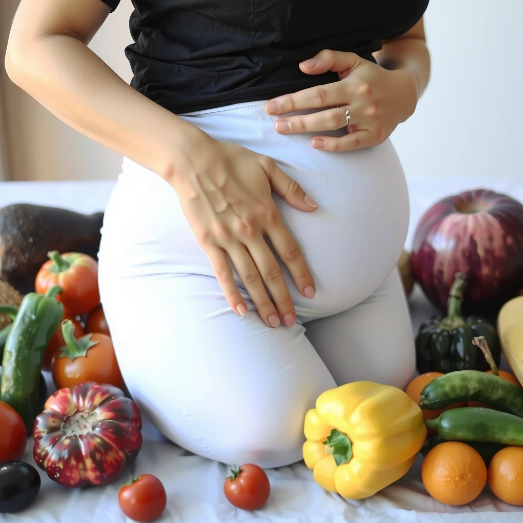 Eine schwangere Frau streichelt ihren Bauch, umgeben von gesunden Lebensmitteln, symbolisiert Ernährung in der Schwangerschaft.