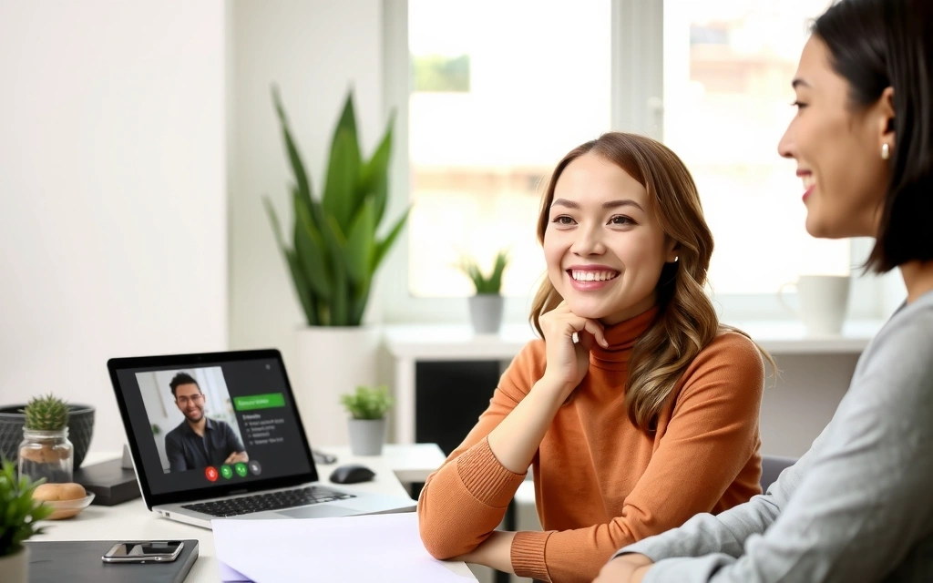 Eine Frau lächelt während einer Online-Ernährungsberatung über Videoanruf auf ihrem Laptop.